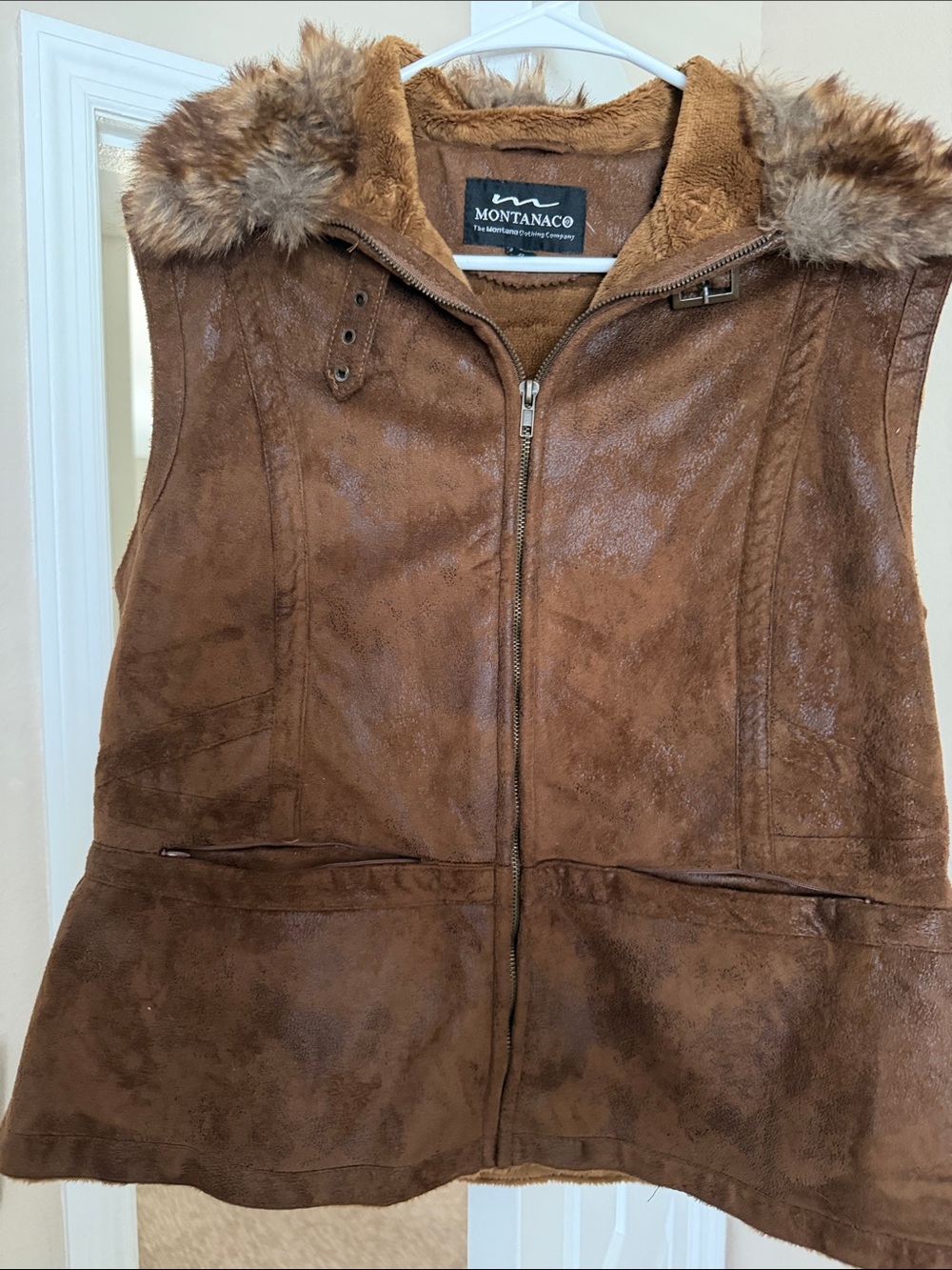 Montanace Brown Faux-Suede Hooded Vest with Faux-Fur Trim